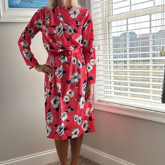 Vintage 80s Blair Red Hibiscus Belted Longsleeve Wrap Midi Dress - Picture 10 of 12